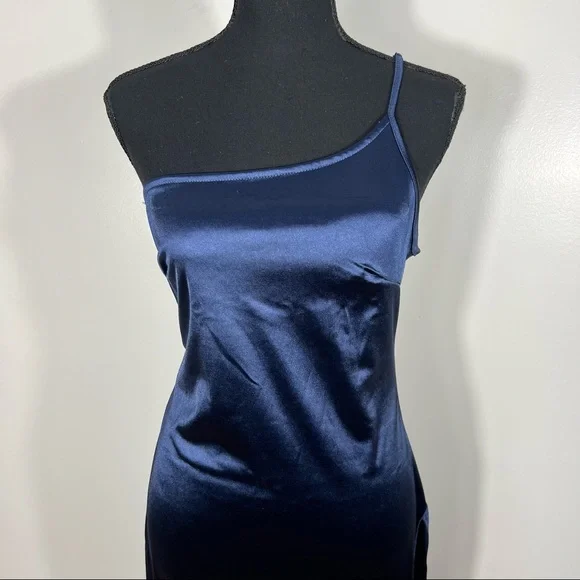 Romwe Women's Elegant One Shoulder Sleeveless Split Hem, Midi Dress Navy Blue L - Picture 2 of 13